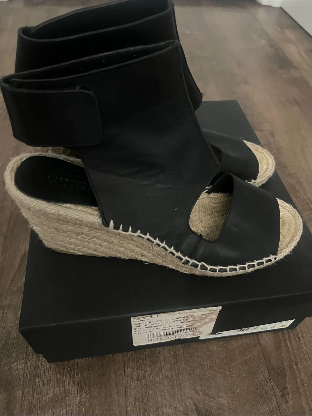 Vince Black Leather Espadrille Wedge  Sandals